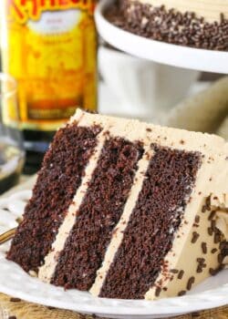 A slice of Kahlua coffee chocolate layer cake.