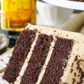 A slice of Kahlua coffee chocolate layer cake.
