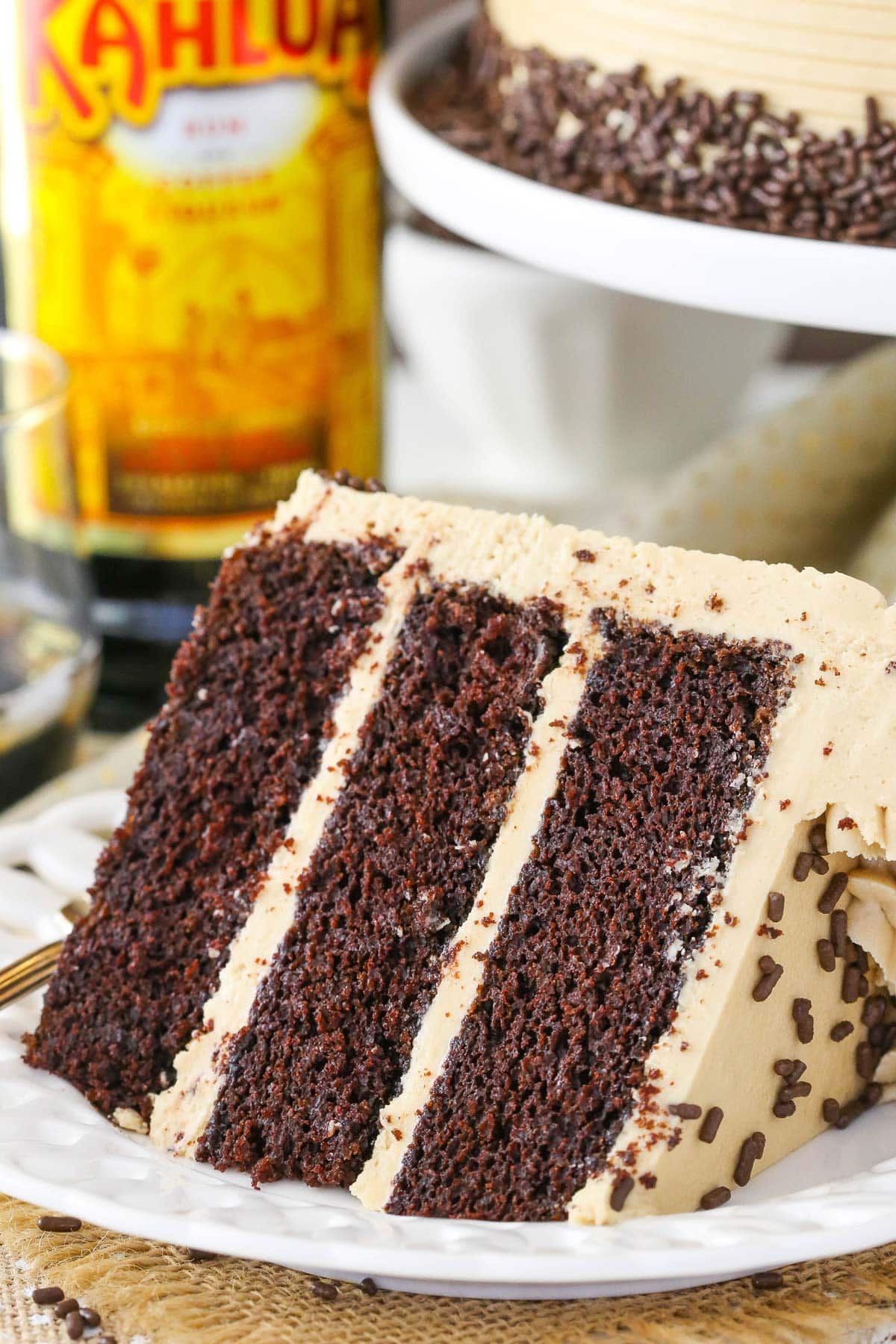 A slice of Kahlua coffee chocolate layer cake.