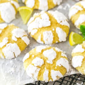 Lemon crinkle cookies on a cooling rack.