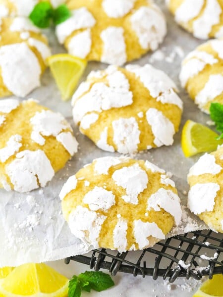 Lemon crinkle cookies on a cooling rack.