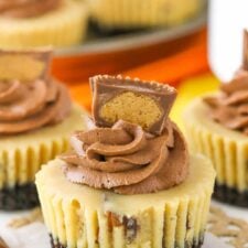 Close up of a mini Reeses peanut butter cheesecake on a piece of parchment paper.