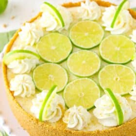 The top of a no bake key lime cheesecake.
