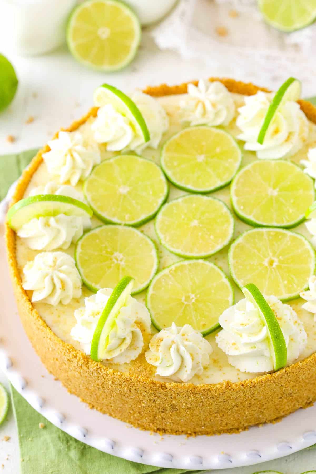 The top of a no bake key lime cheesecake.