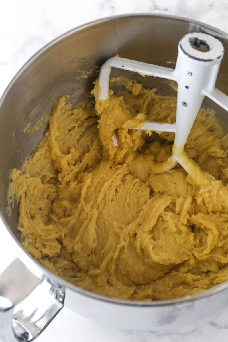 Combining the wet and dry ingredients for ooey gooey butter cake.