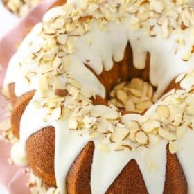 Top view of an almond amaretto bundt cake.
