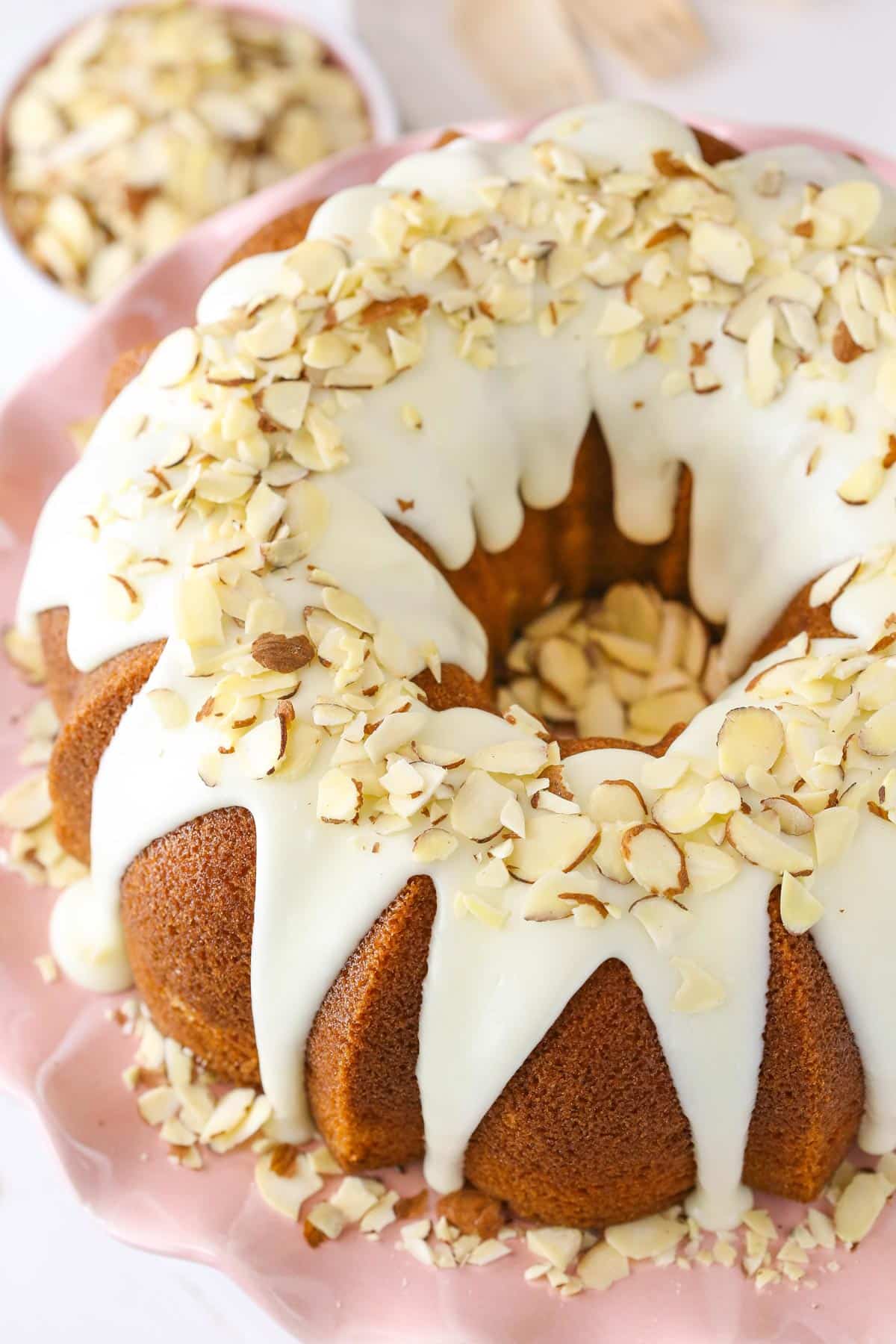 Top view of an almond amaretto bundt cake.