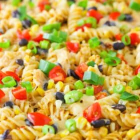 Close up of a pan of Arizona Chicken Pasta.