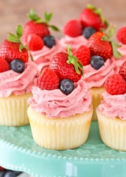 Close up of Berries and Cream Cupcakes on a teal cake stand.