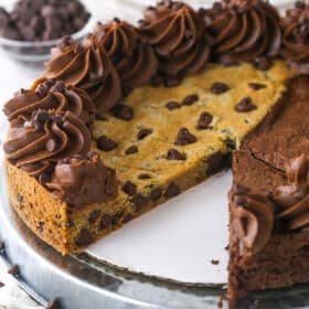 Brookie cake with a slice taken from it.