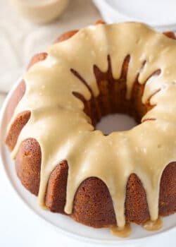 Top view of a caramel Baileys pound cake.