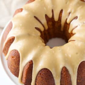 Top view of a caramel Baileys pound cake.