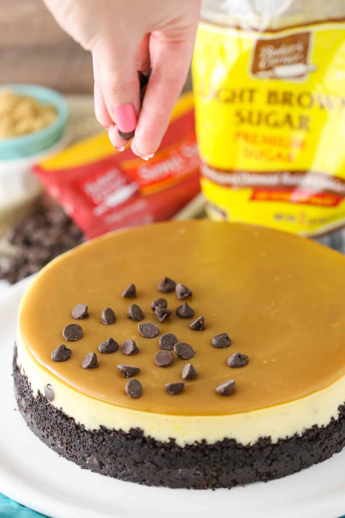Hand sprinkling chocolate chips on a cheesecake.