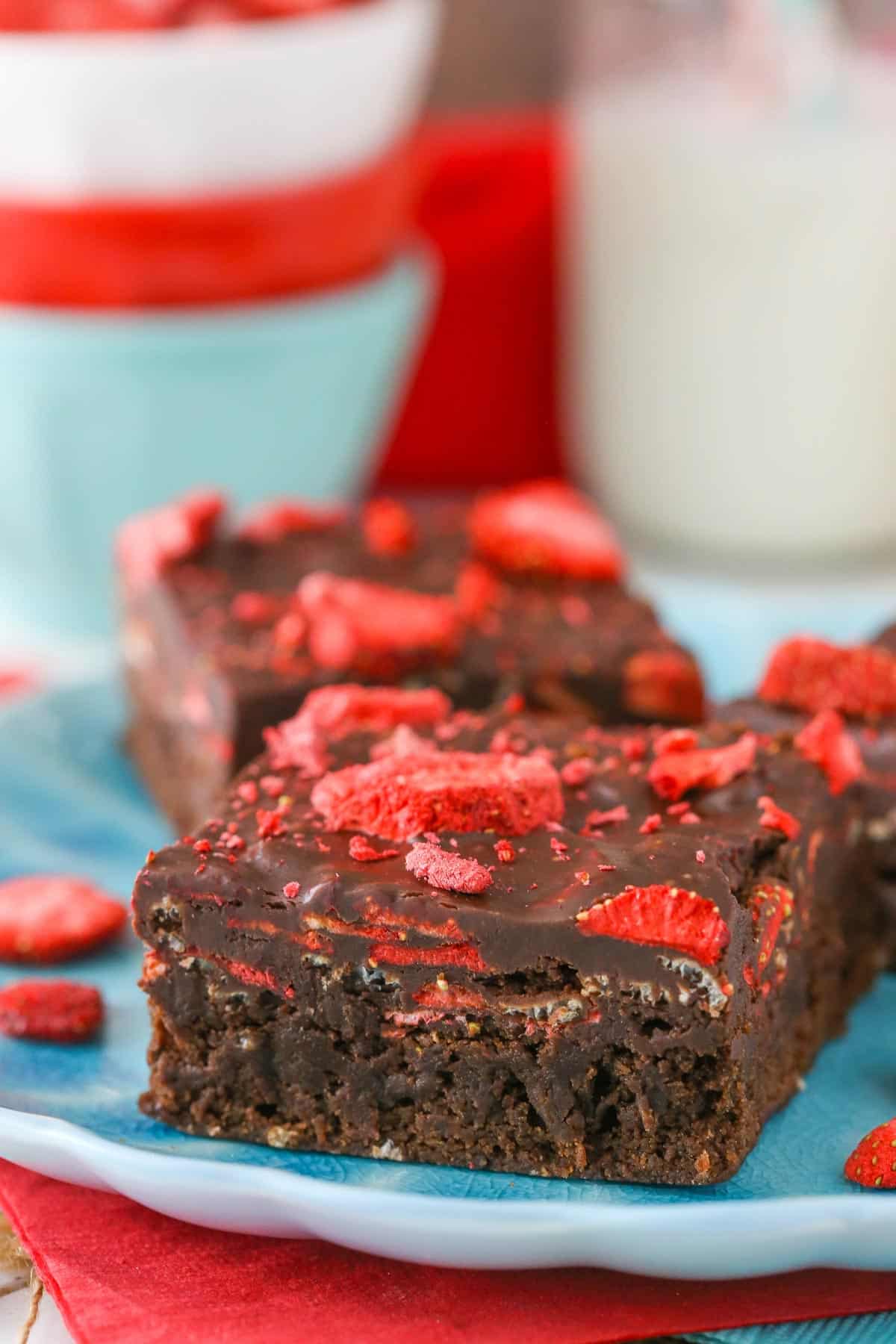 Close up of a fudgy strawberry brownie square.