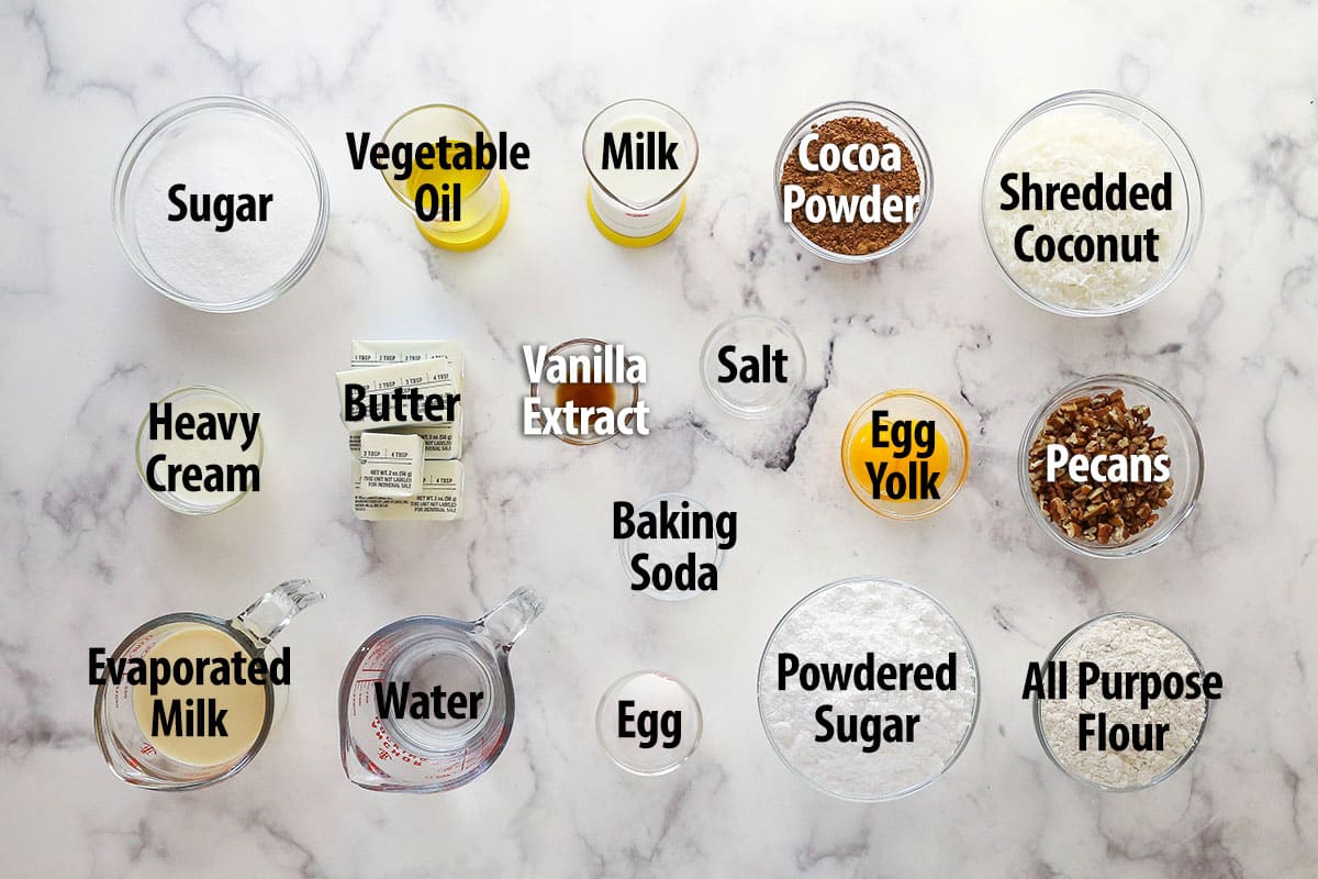 Labeled ingredients for German chocolate cupcakes.