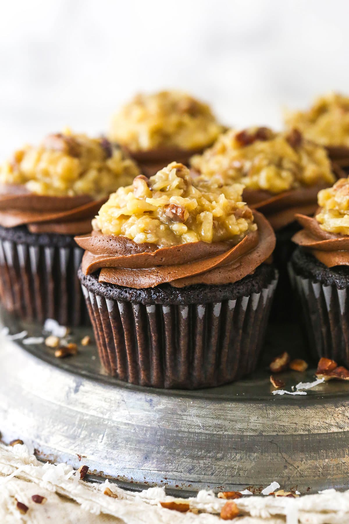 A platter of German chocolate cupcakes.