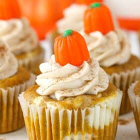 Close up image of Pumpkin Cheesecake Swirl Cupcake.