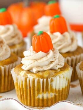 Close up image of Pumpkin Cheesecake Swirl Cupcake.