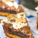 Close up of a slice of s'mores skillet brownies.