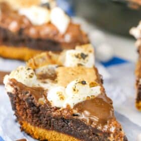 Close up of a slice of s'mores skillet brownies.
