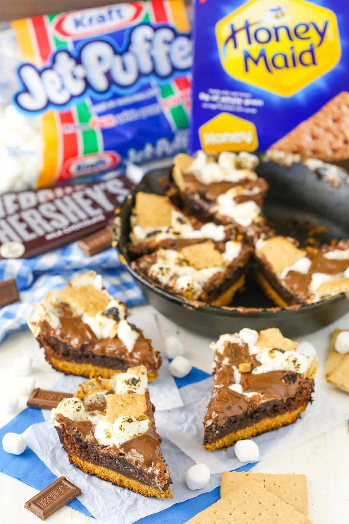 Several slices of s'mores skillet brownies.