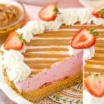 A strawberry dulce de leche ice cream pie in a pie plate with a slice missing to show interior of pie.