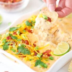 Hand holding a chip dipped into bacon cheddar beer cheese dip.