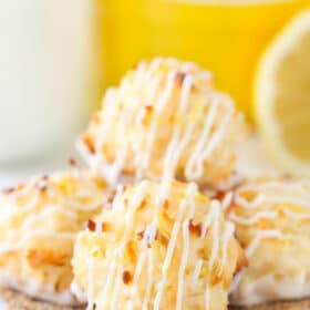 Close up of a small pile of lemon coconut macaroons.