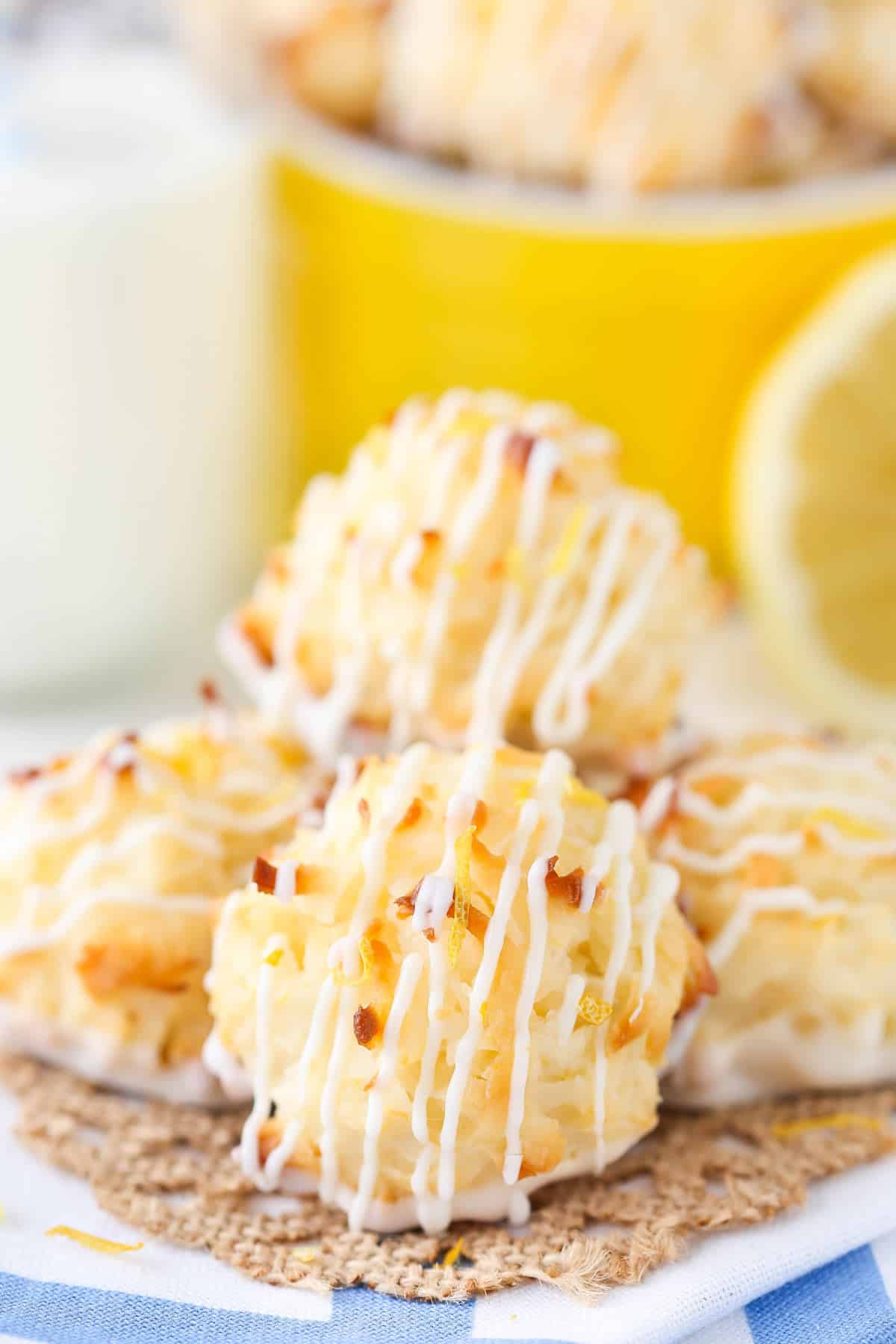 Close up of a small pile of lemon coconut macaroons.