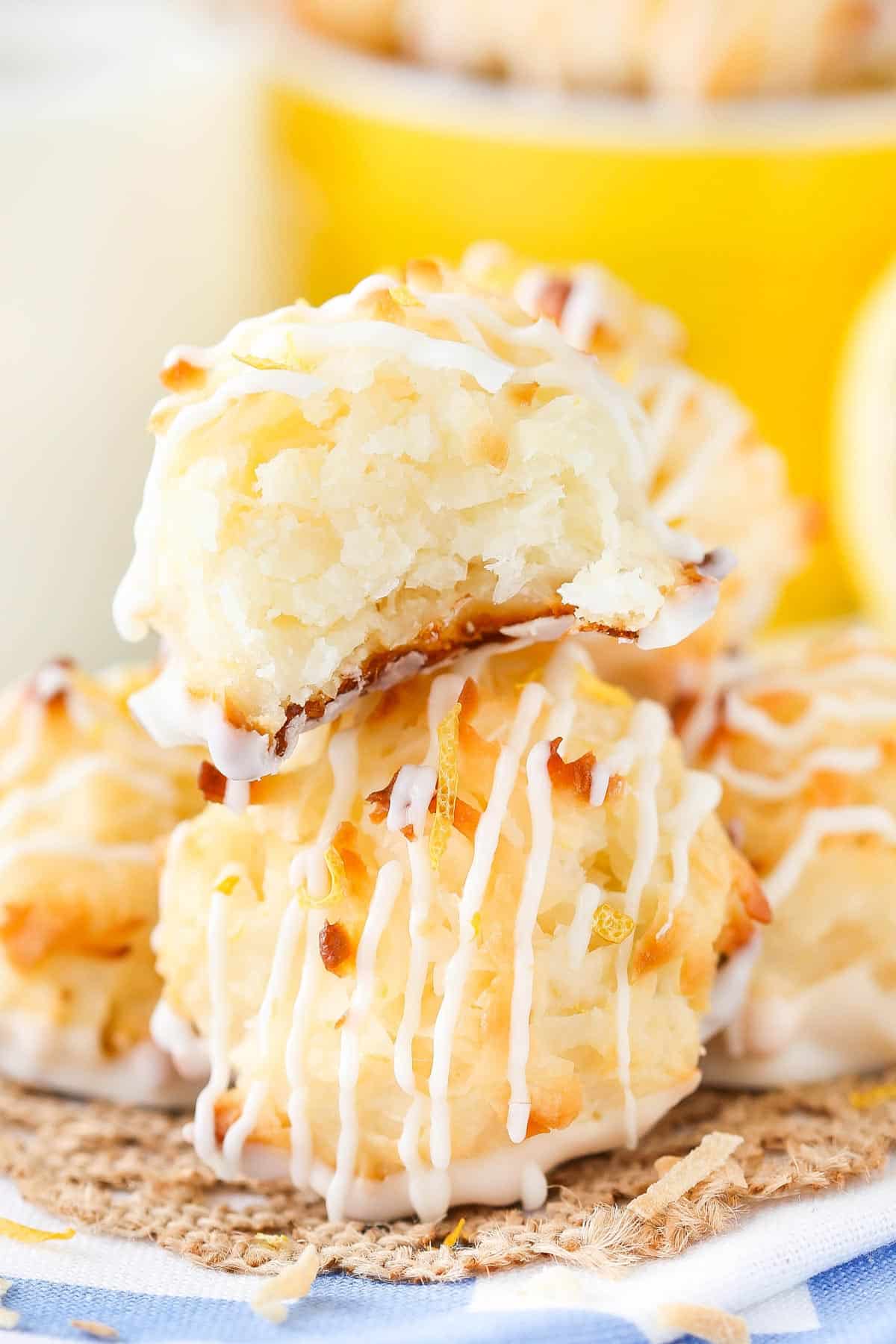 Close up of a small pile of lemon coconut macaroons.