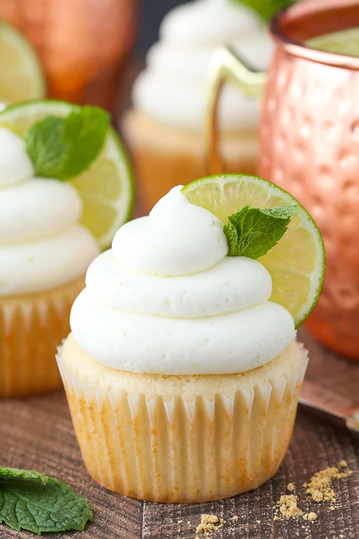 Close up of a Moscow mule cupcake.