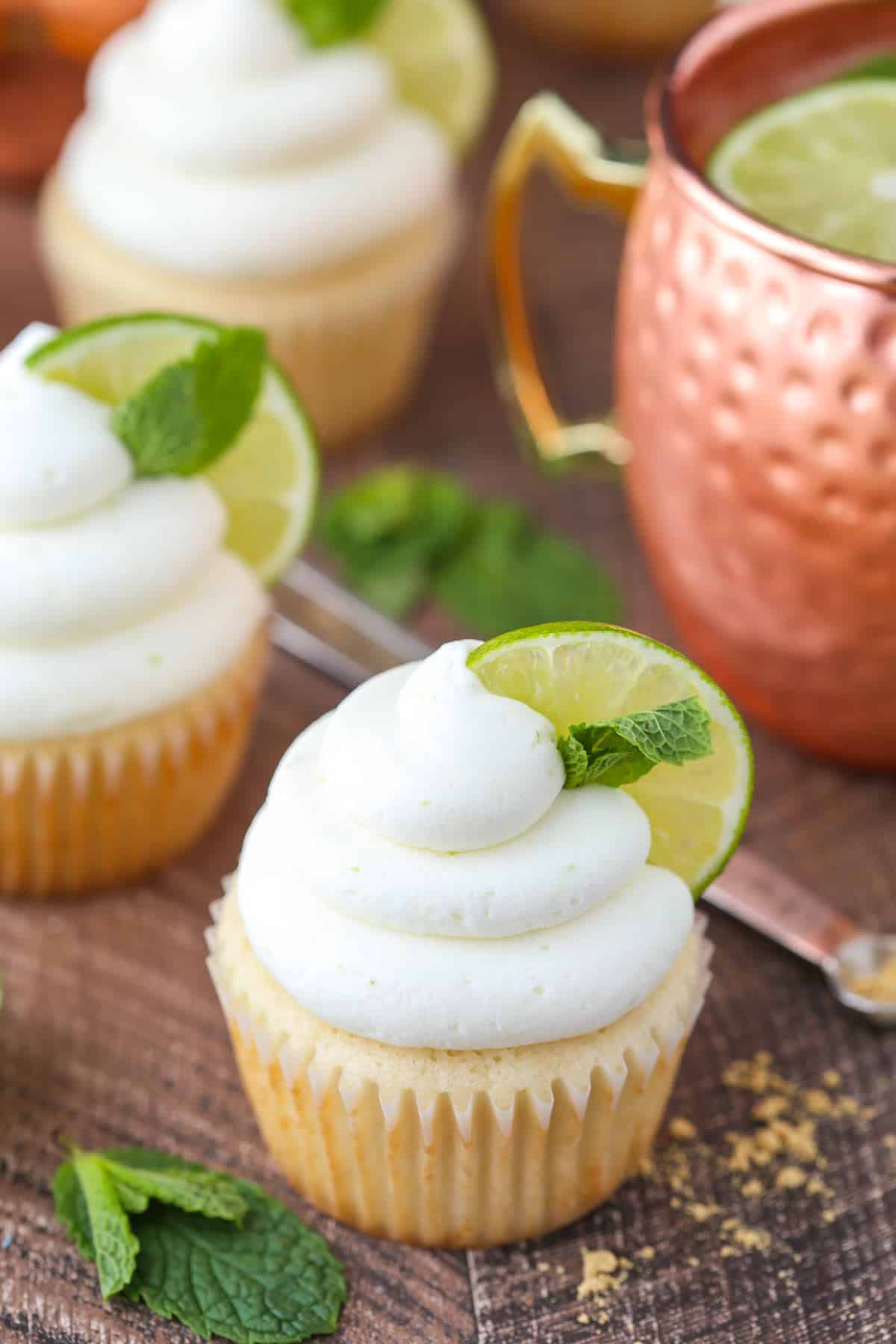 Close up of a Moscow mule cupcake.