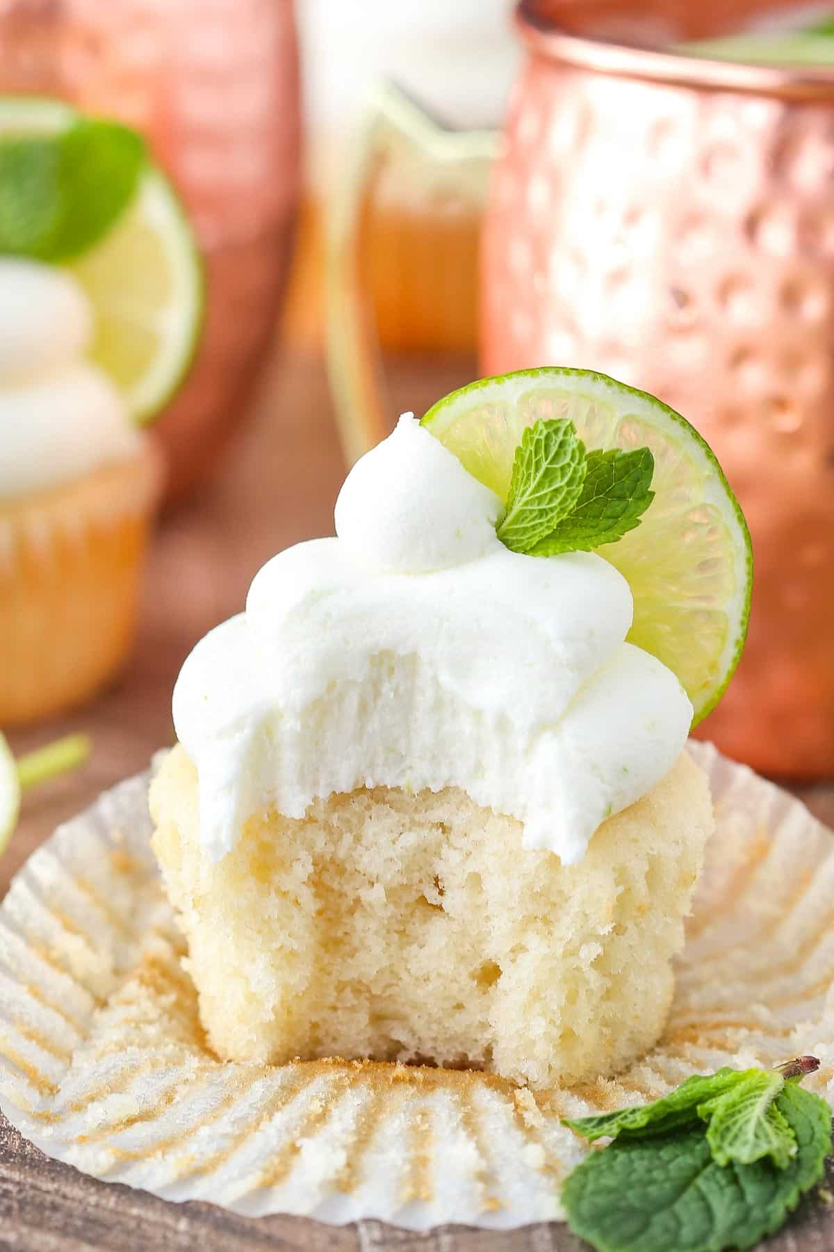 A Moscow mule cupcake with a bite out of it.
