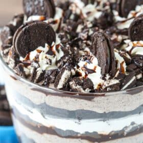 Close up of the top of an Oreo cheesecake brownie trifle.