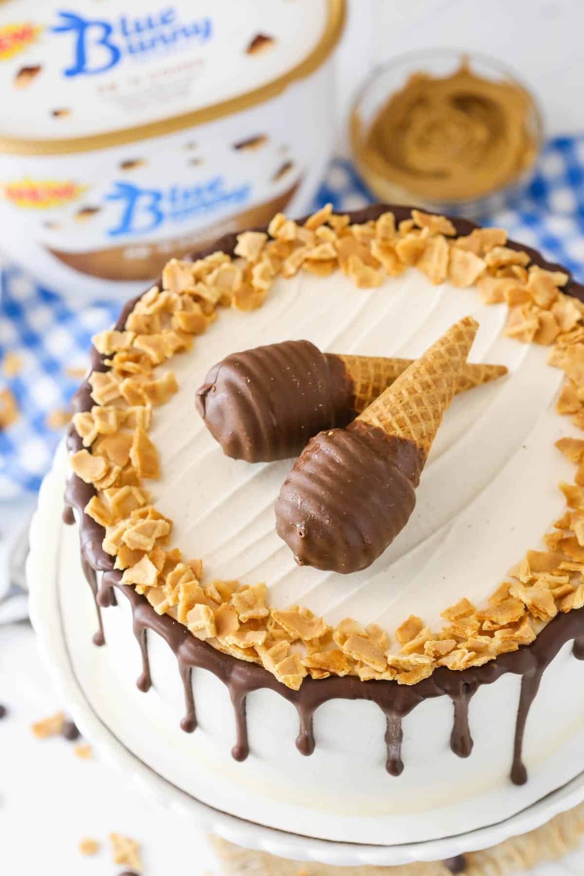 Top view of a peanut butter chocolate ice cream cone cake.