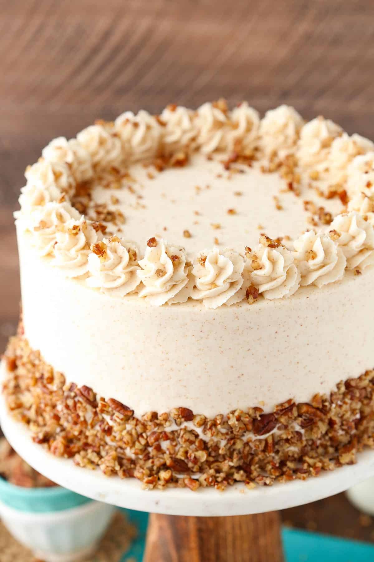 Close up of a browned butter pecan layer cake.