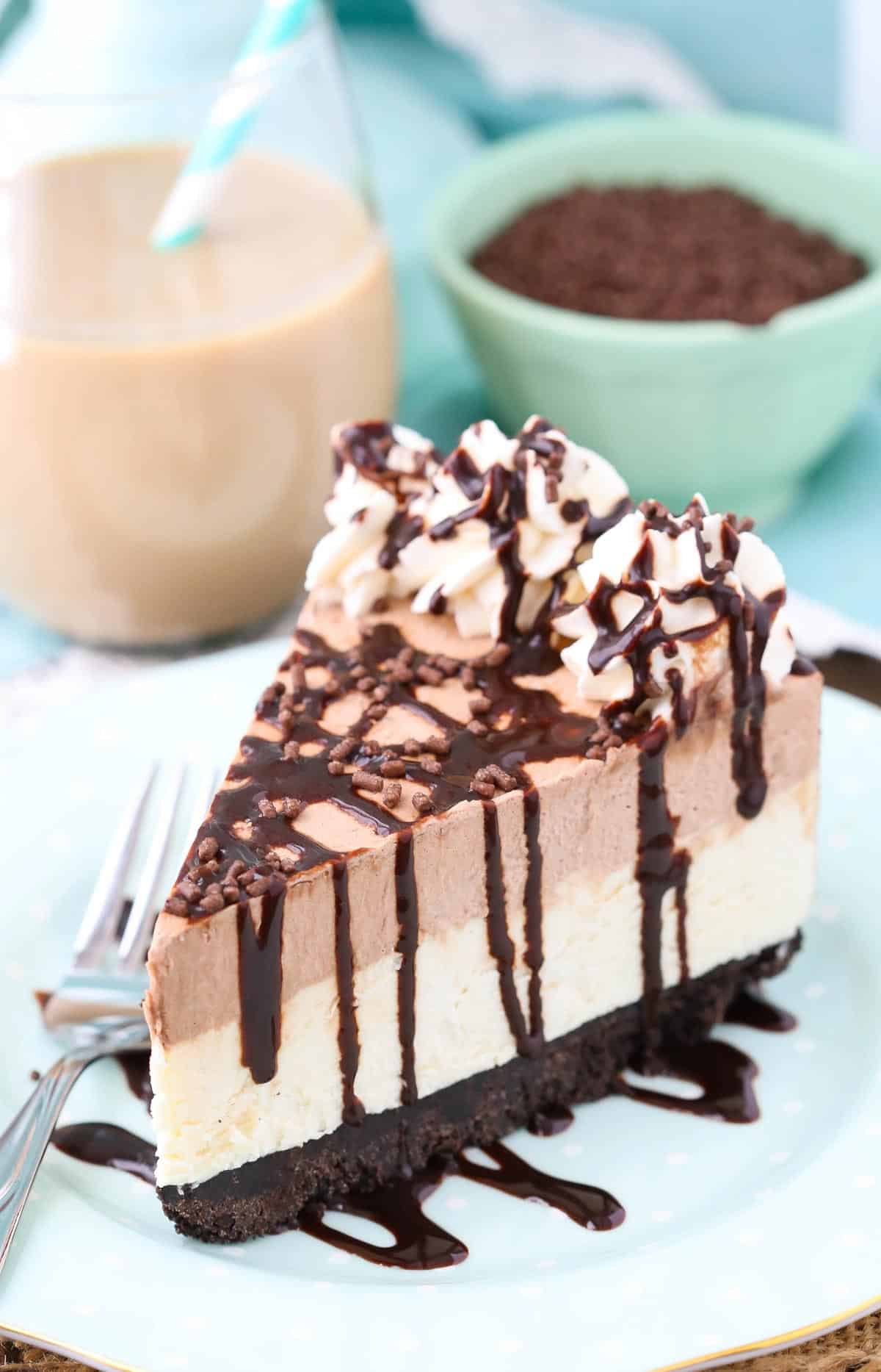 A slice of frozen Irish cream mousse cake on a plate.