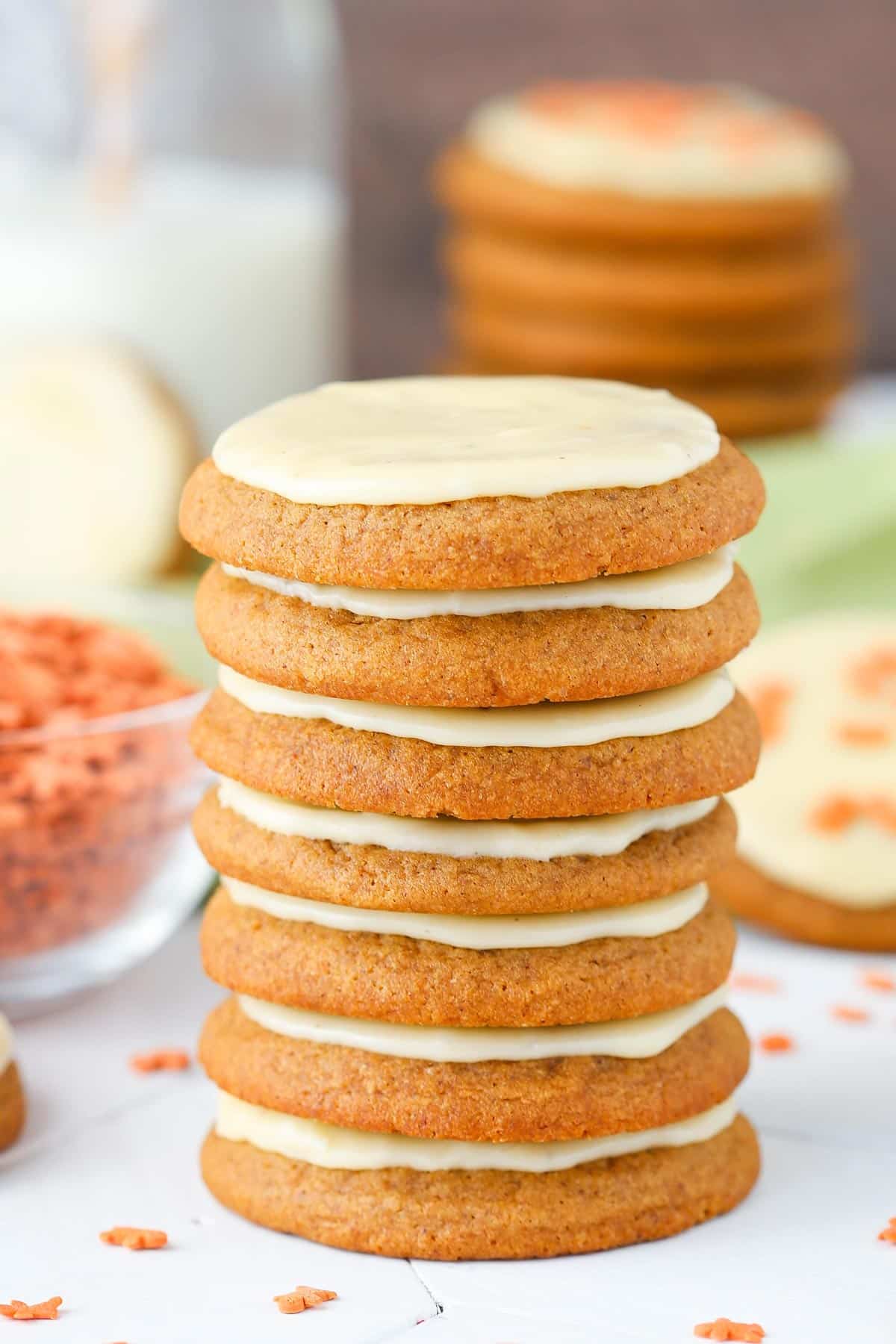 A stack of gingerbread cookies with eggnog icing.