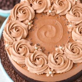 Close up of the top and side of a Guinness chocolate mousse cake.