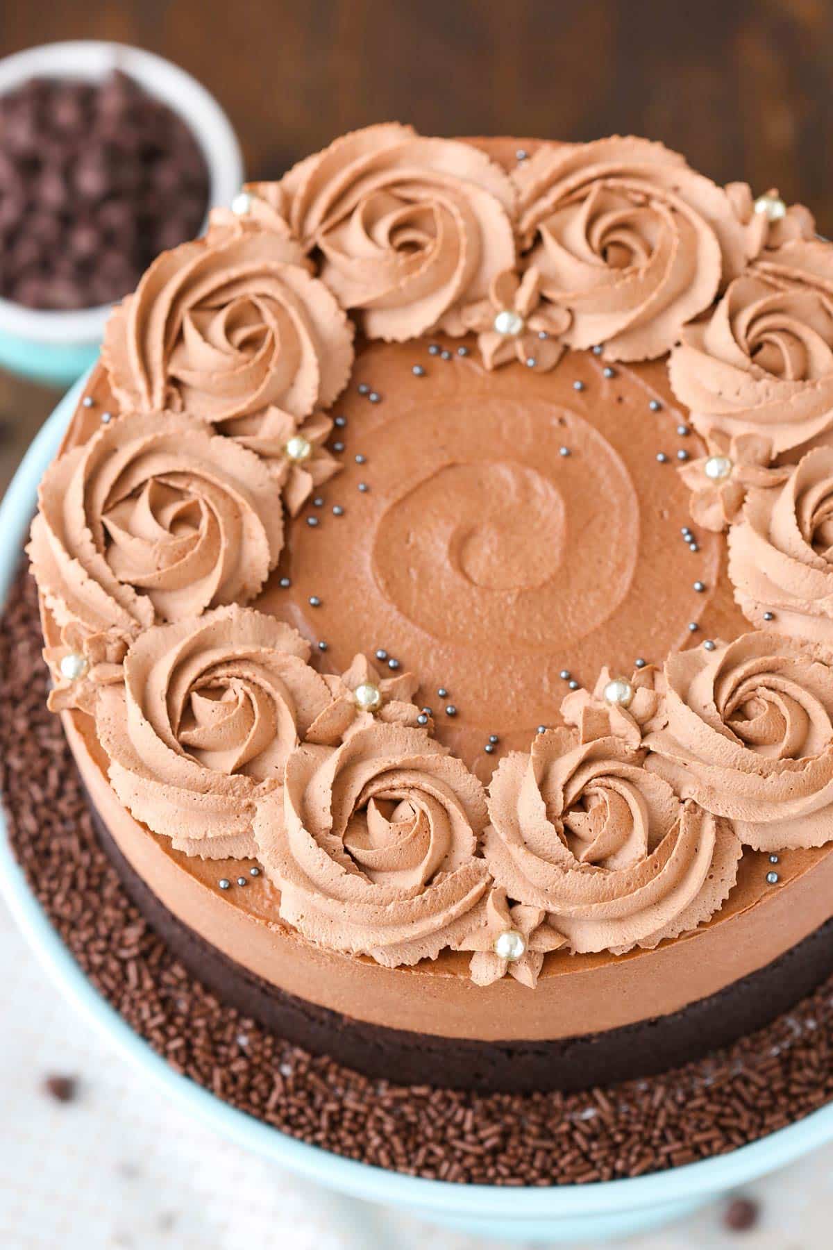 Close up of the top and side of a Guinness chocolate mousse cake.