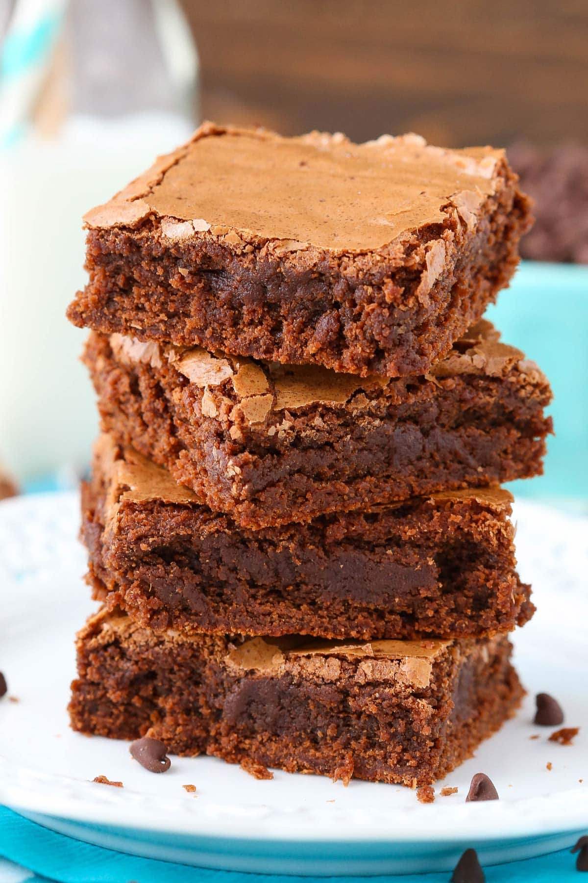 A stack of 4 fudgy brownies.