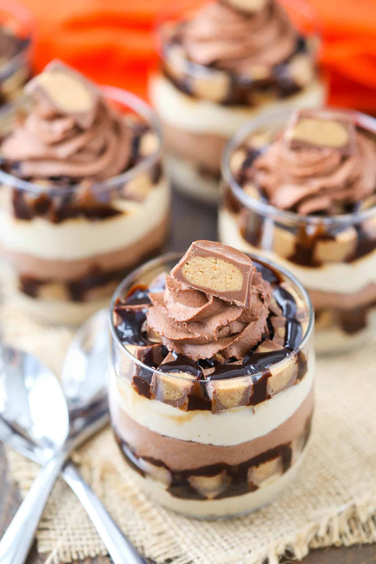 Overhead view of a mini Reeses chocolate peanut butter cheesecake trifle.