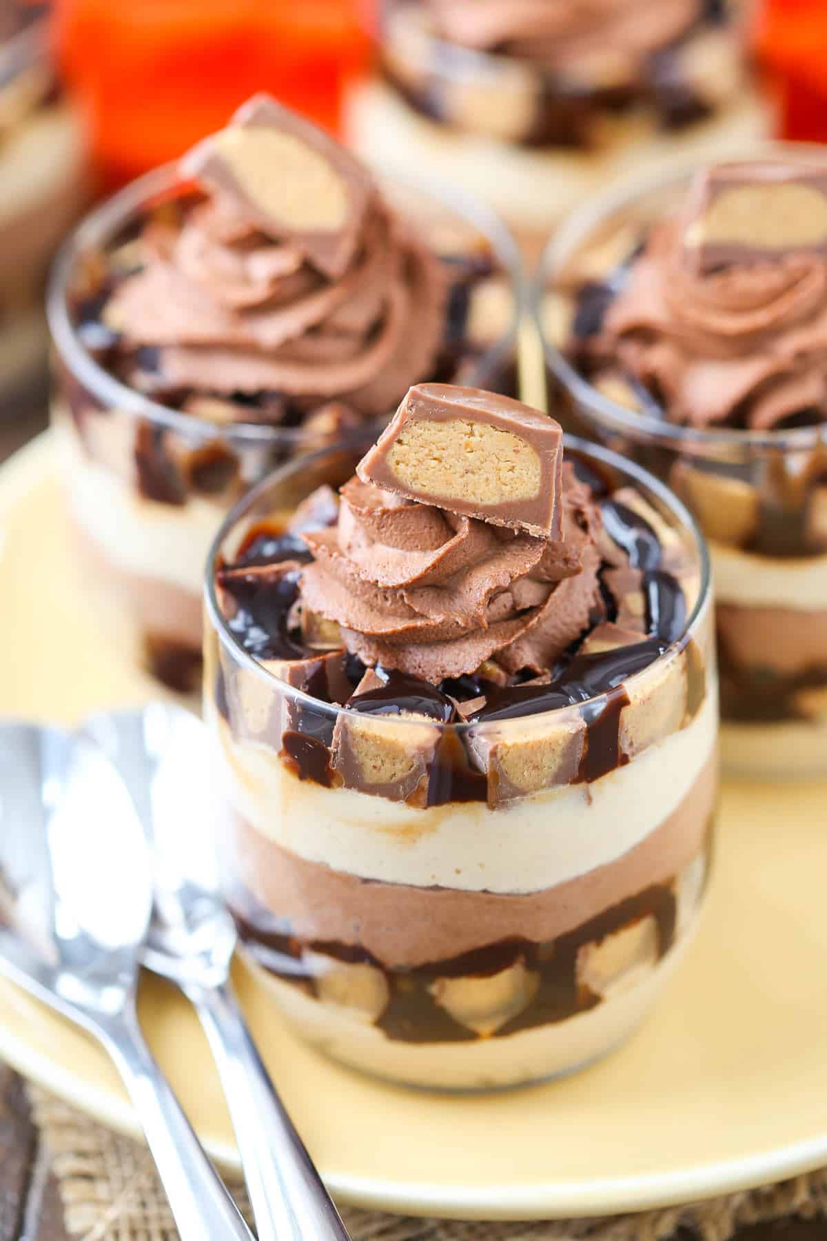 Overhead view of a mini Reeses chocolate peanut butter cheesecake trifle.