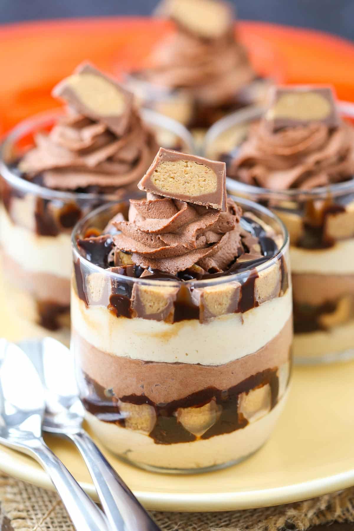 Close up of a mini Reeses chocolate peanut butter cheesecake trifle.