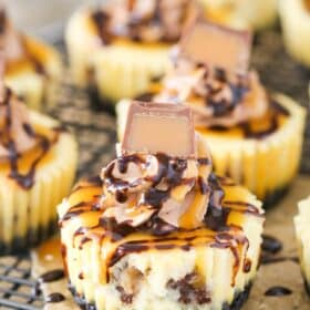 Close up of a mini Rolo cheesecake on a piece of parchment.