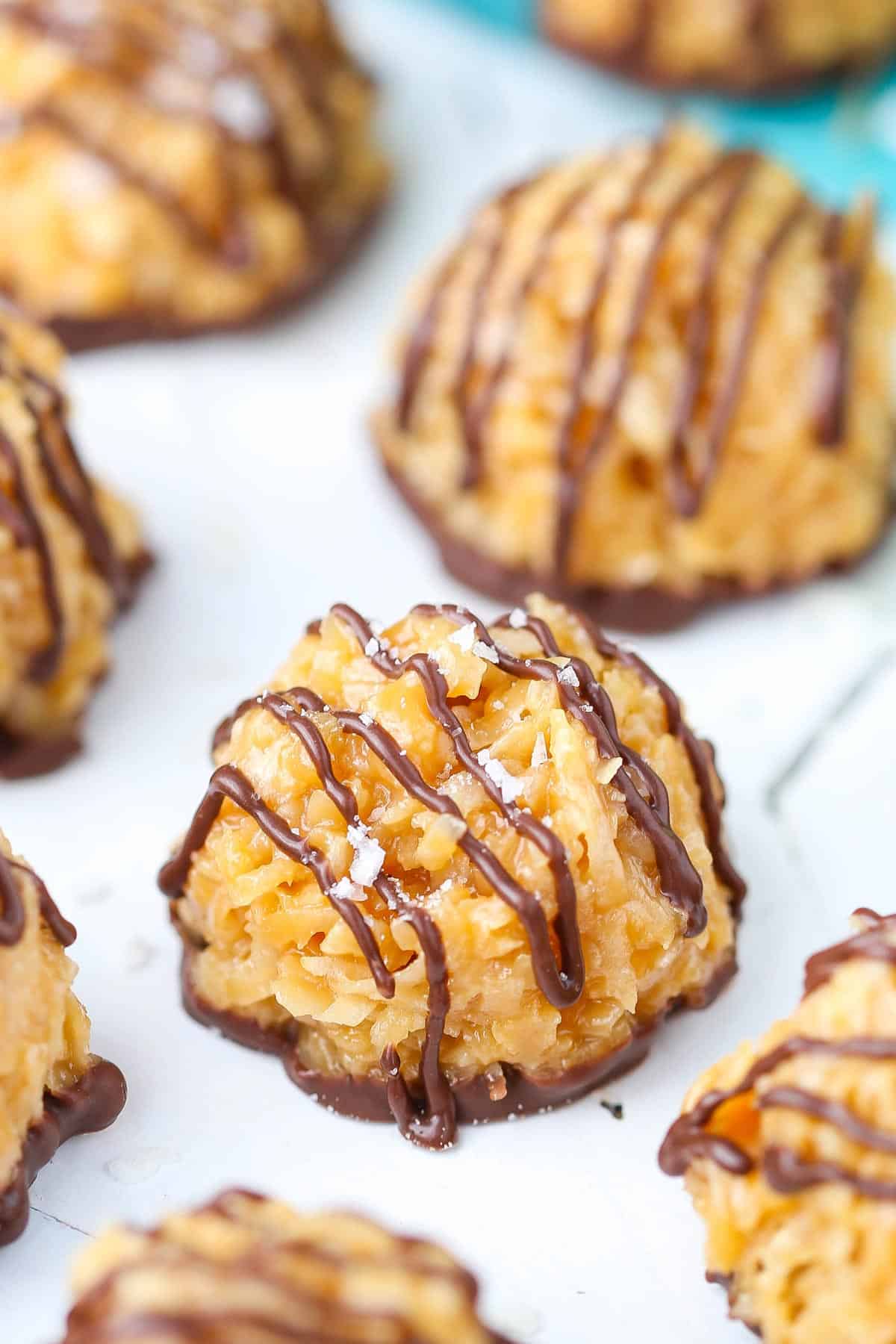 Close up of a no bake salted caramel macaroon.