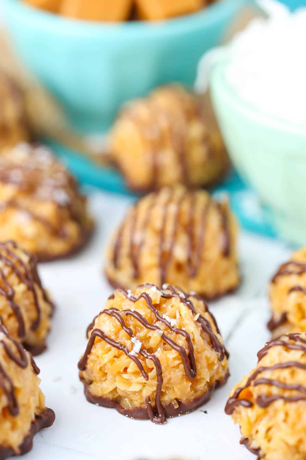Close up of no bake salted caramel macaroon.