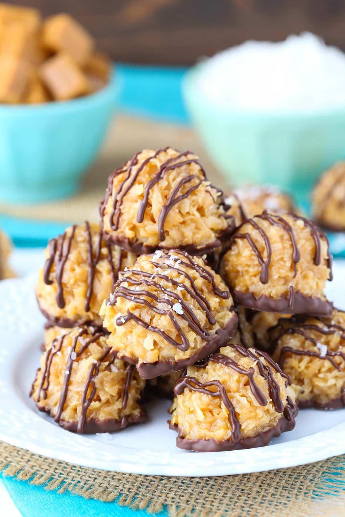 A plate piled with no bake salted caramel macaroons.