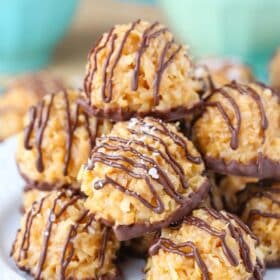 Close up of a pile of no bake salted caramel macaroons.