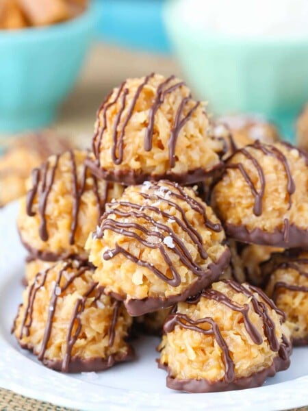 Close up of a pile of no bake salted caramel macaroons.